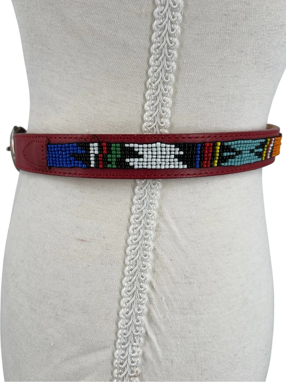 Justin Vintage Red Leather Beaded Belt Multicolor Seed Bead Western Boho Size 28